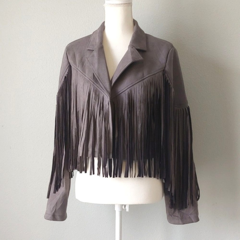 NWT Gray Faux Suede Fringe Jacket